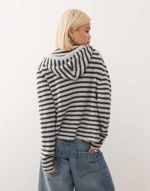 Weekday - Felpa slim con cappuccio in maglia grigia a righe nere, 4 di 4