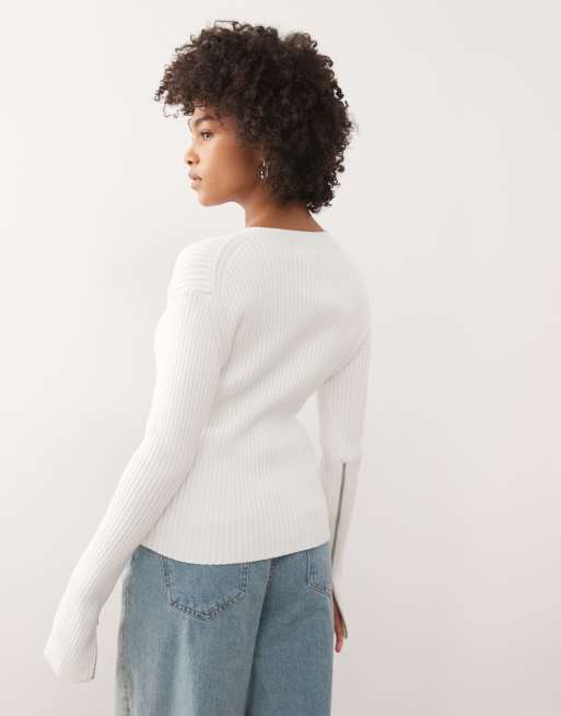 Weekday – Figurbetonte Strickjacke in Wollweiß mit Reißverschluss und Reißverschlussdetail am Ärmel, 3 von 4