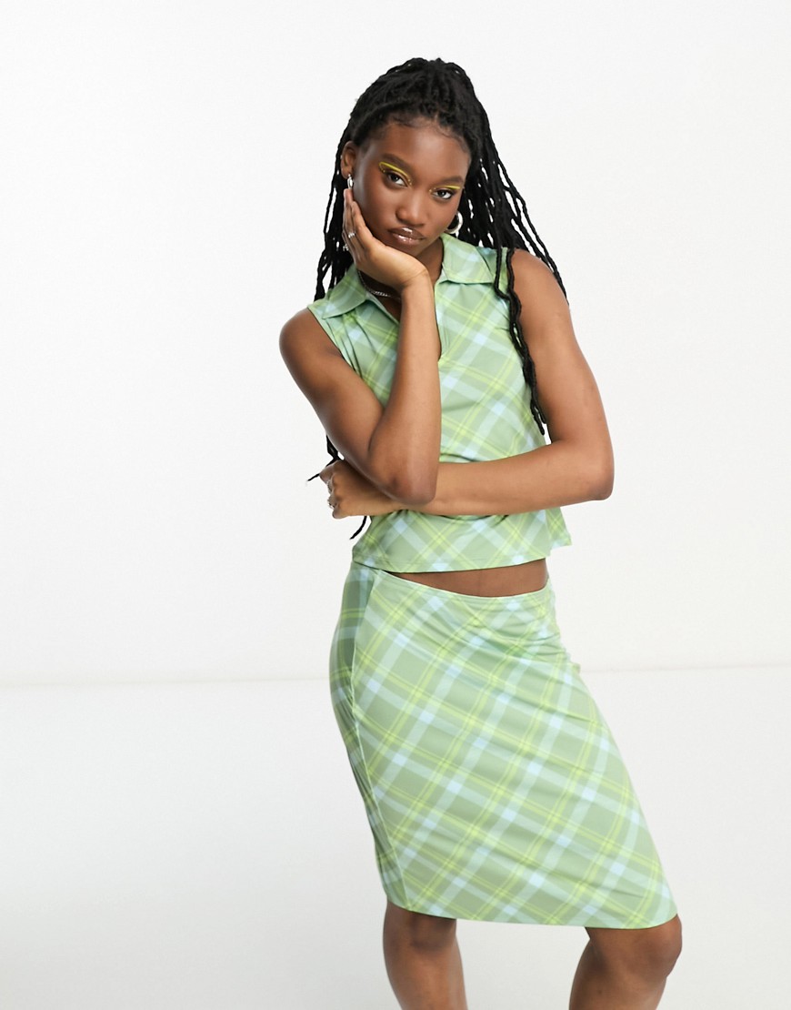 Weekday Fine co-ord midi skirt in green and blue check pattern