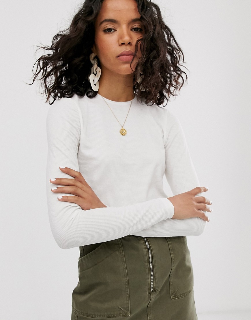 Weekday fine ribbed long sleeve t-shirt in off white