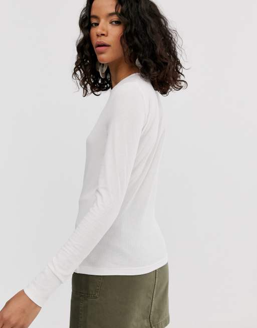 Weekday fine ribbed long sleeve t-shirt in off white | ASOS