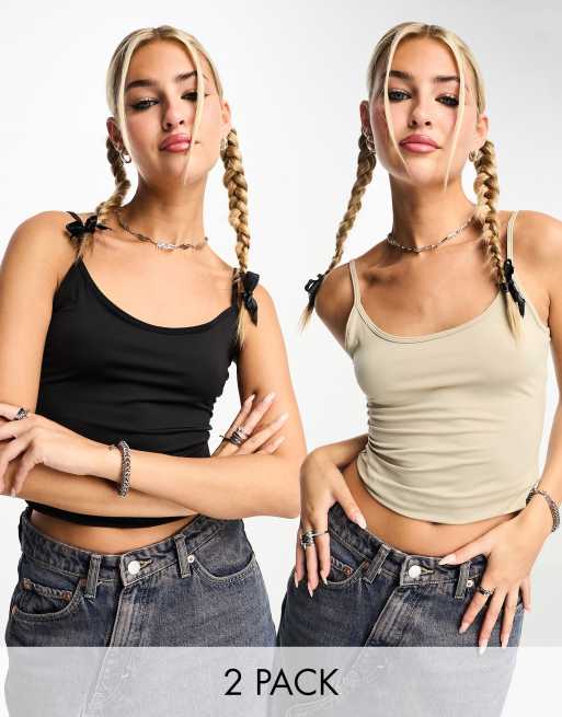 Weekday Fine singlet 2 pack in black and stone