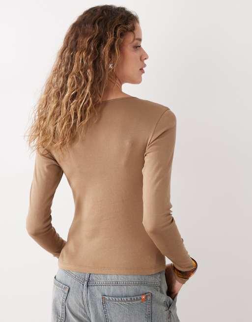 Weekday - Fine - Top met V-hals en lange mouwen in beige, 4 van 4