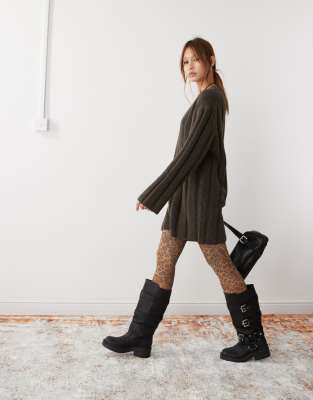 Weekday Weekday Fiona chunky rib knited mini dress in dark brown melange exclusive to ASOS