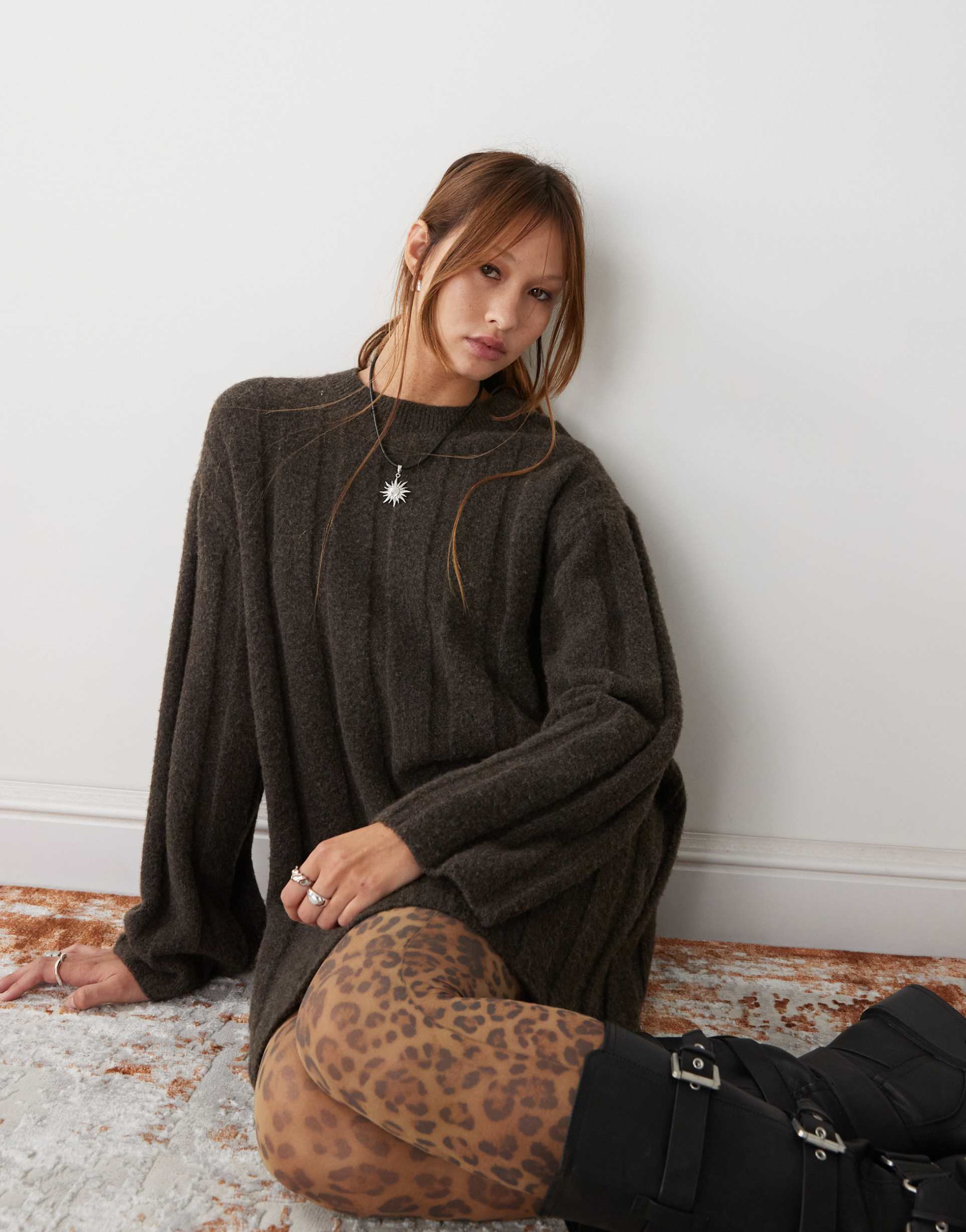 weekday fiona chunky ribbed knit mini dress in dark brown melange exclusive to asos