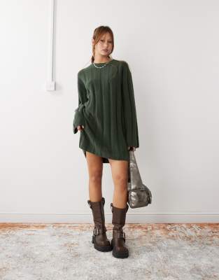 Fiona chunky ribbed knit mini dress in dark green melange exclusive to ASOS