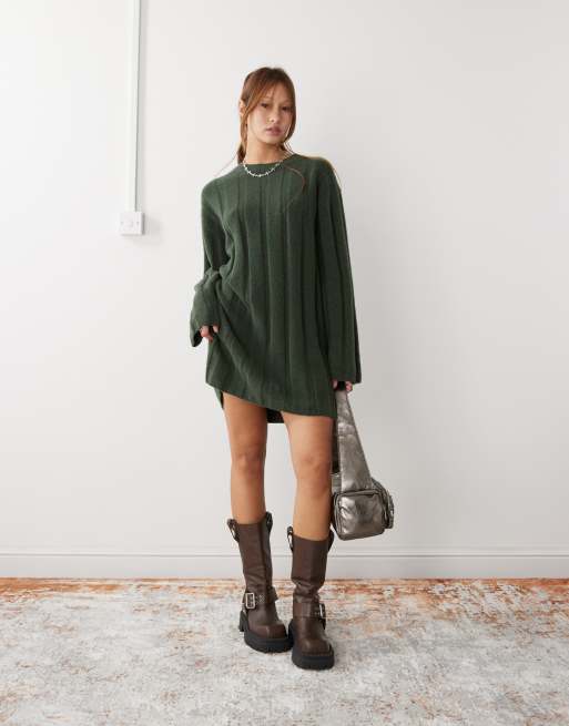Weekday – Fiona – Ciemnozielona melanżowa sukienka mini z grubej prążkowanej dzianiny – tylko w ASOS