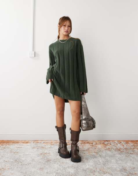 Weekday - Fiona - Vestito corto in maglia verde scuro mélange a coste larghe - In esclusiva per ASOS - view 1