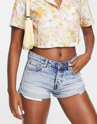 Weekday Fire Cotton Blend Low Rise Denim Shorts In Spring Blue