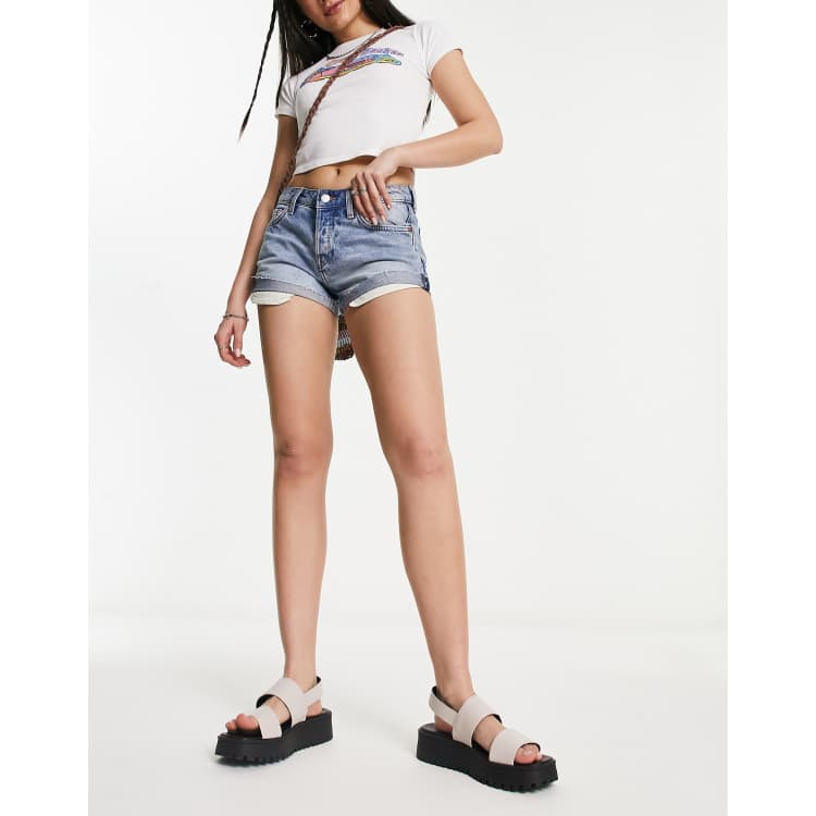 Weekday Fire low rise denim shorts in spring blue