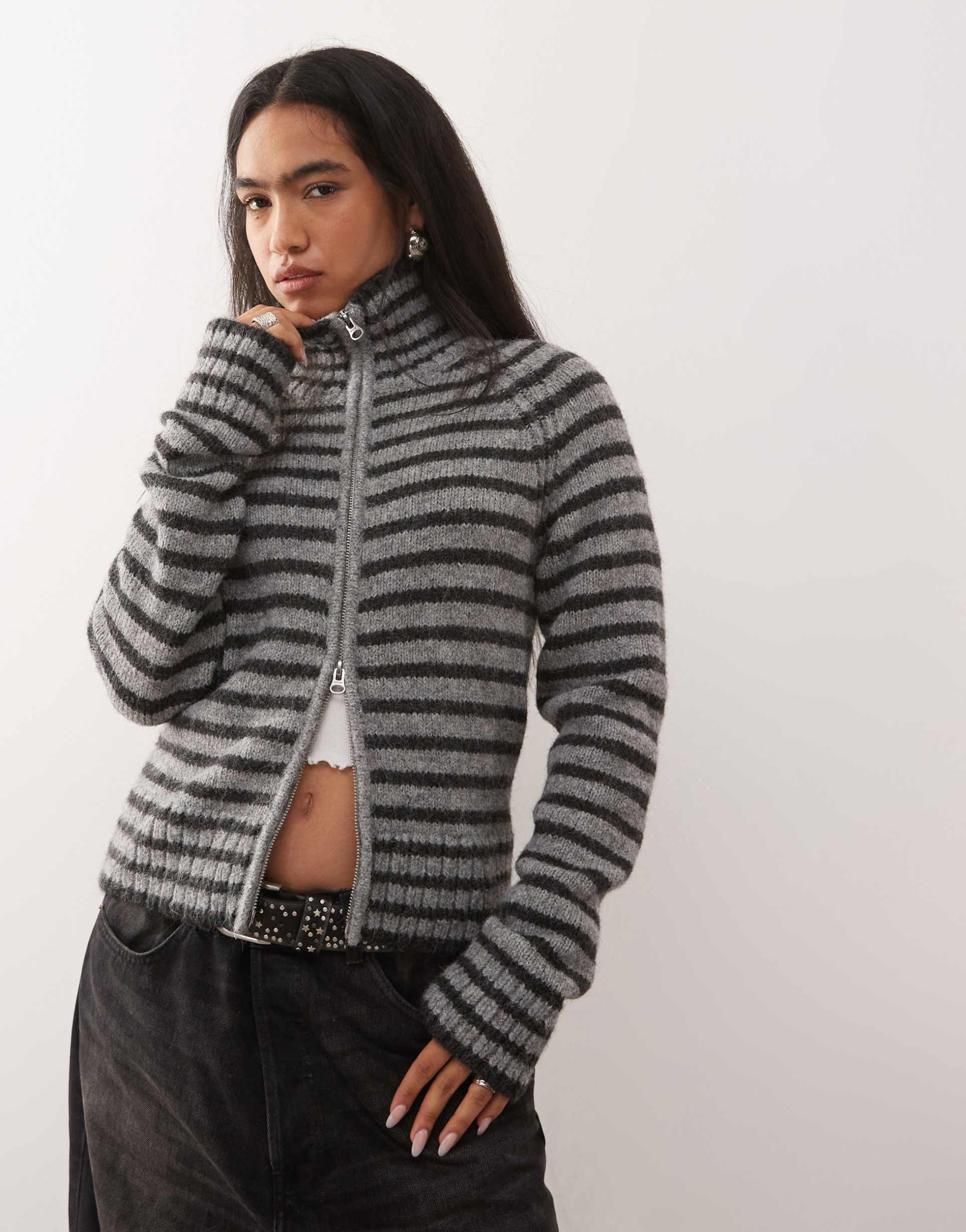 weekday fitted knit cardigan in gray and black stripes