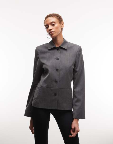 Weekday fitted linen button up jacket in dark grey