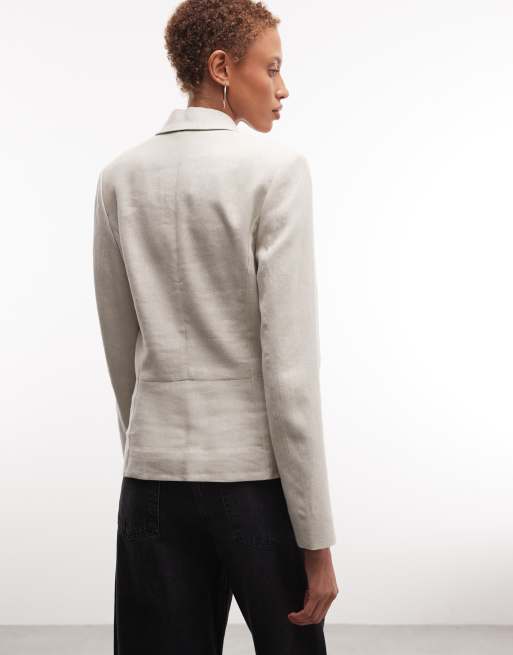 Weekday fitted linen button up jacket in natural, 4 of 4