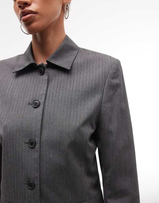 Weekday fitted linen look button up jacket in dark grey, 3 of 4