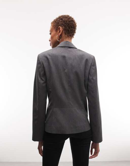 Weekday fitted linen look button up jacket in dark grey, 4 of 4