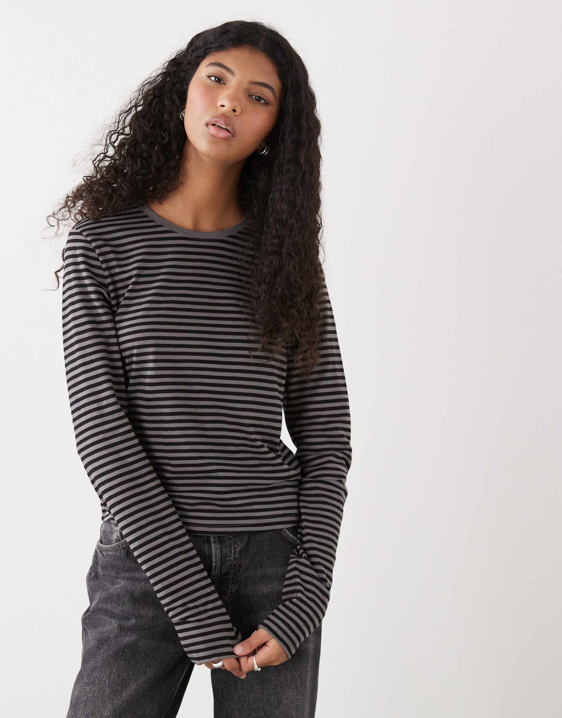 weekday fitted long sleeve t-shirt in gray and black stripes