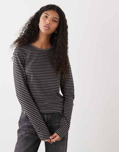 Weekday fitted long sleeve t-shirt in grey and black stripe - view 1