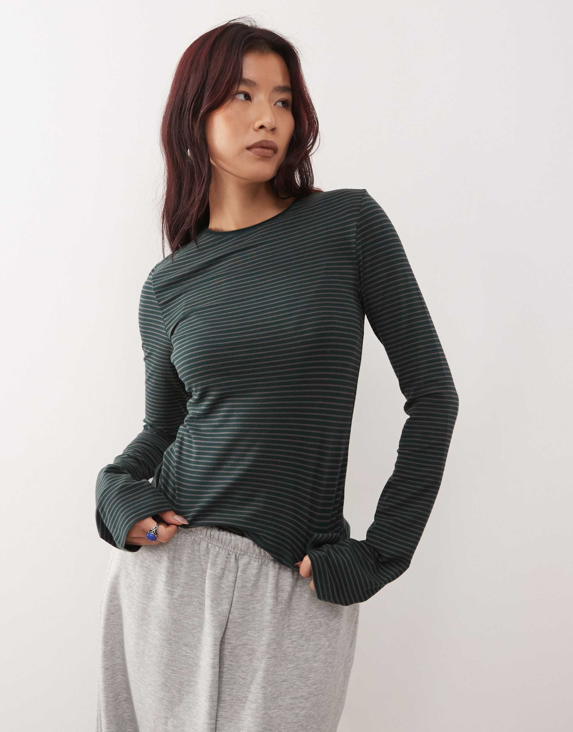 weekday fitted long sleeve tee in dark green and gray stripes