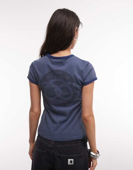 Weekday fitted ringer t-shirt with pretzels graphic print in dark blue, 3 of 4