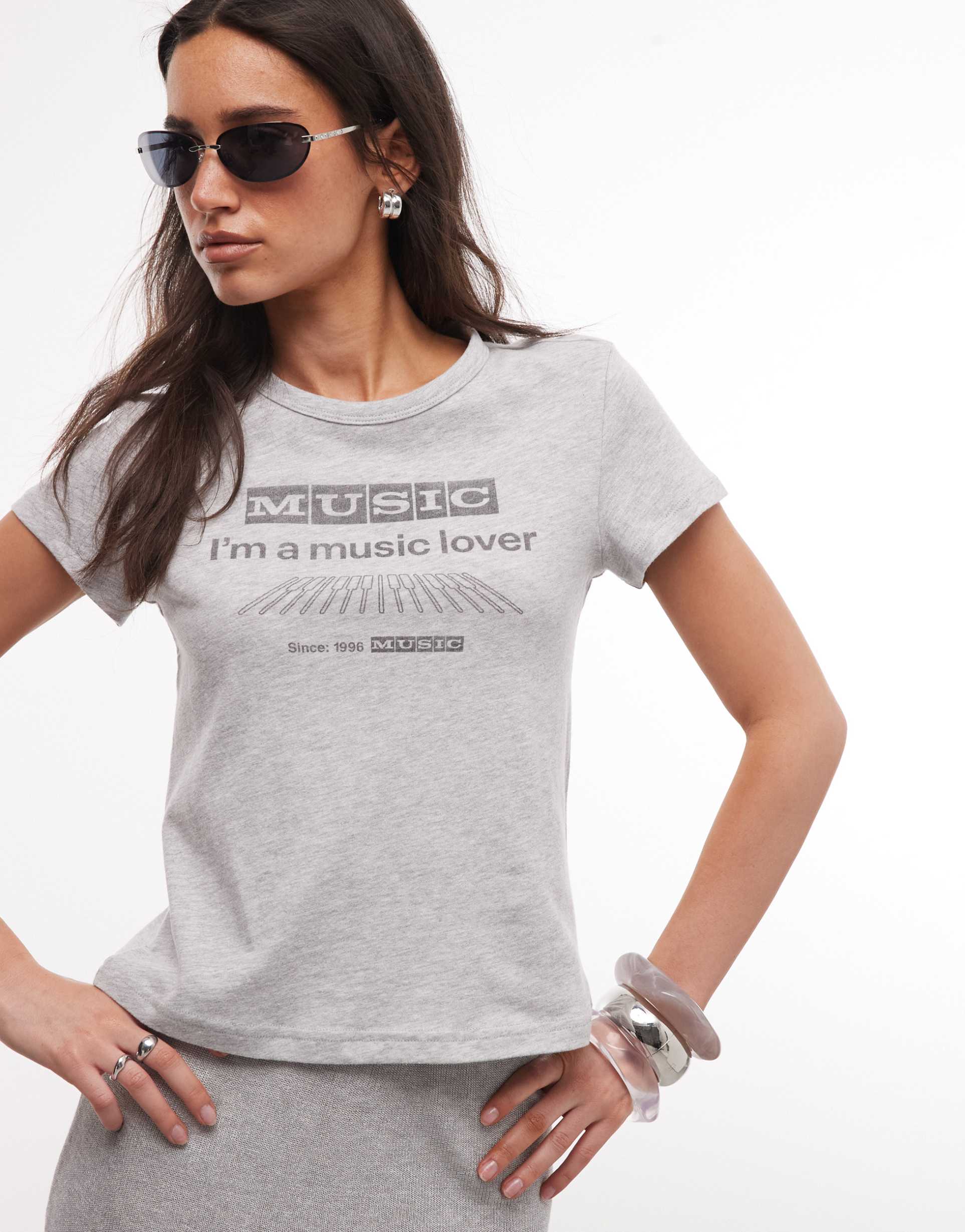 weekday fitted t-shirt with music graphic print in gray melange