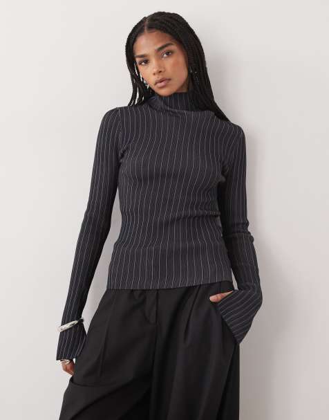 Weekday fitted turtle neck jumper in two-tone dusty blue & black - view 1