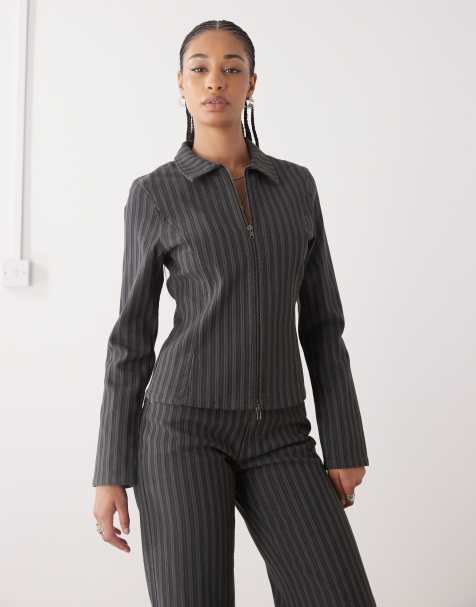 Weekday fitted zip jacket in dark grey pinstripe (part of a set) - view 1