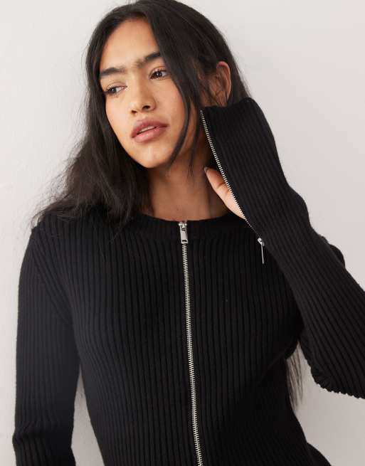 Weekday fitted zip up cardigan with sleeve zip detailing in black, 3 of 4