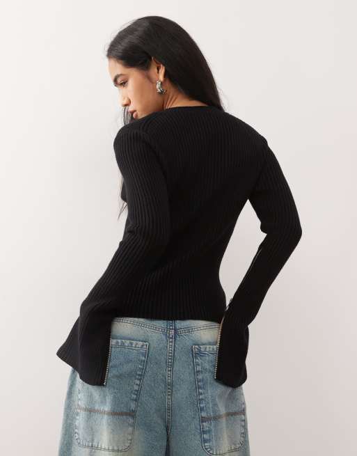 Weekday fitted zip up cardigan with sleeve zip detailing in black, 4 of 4