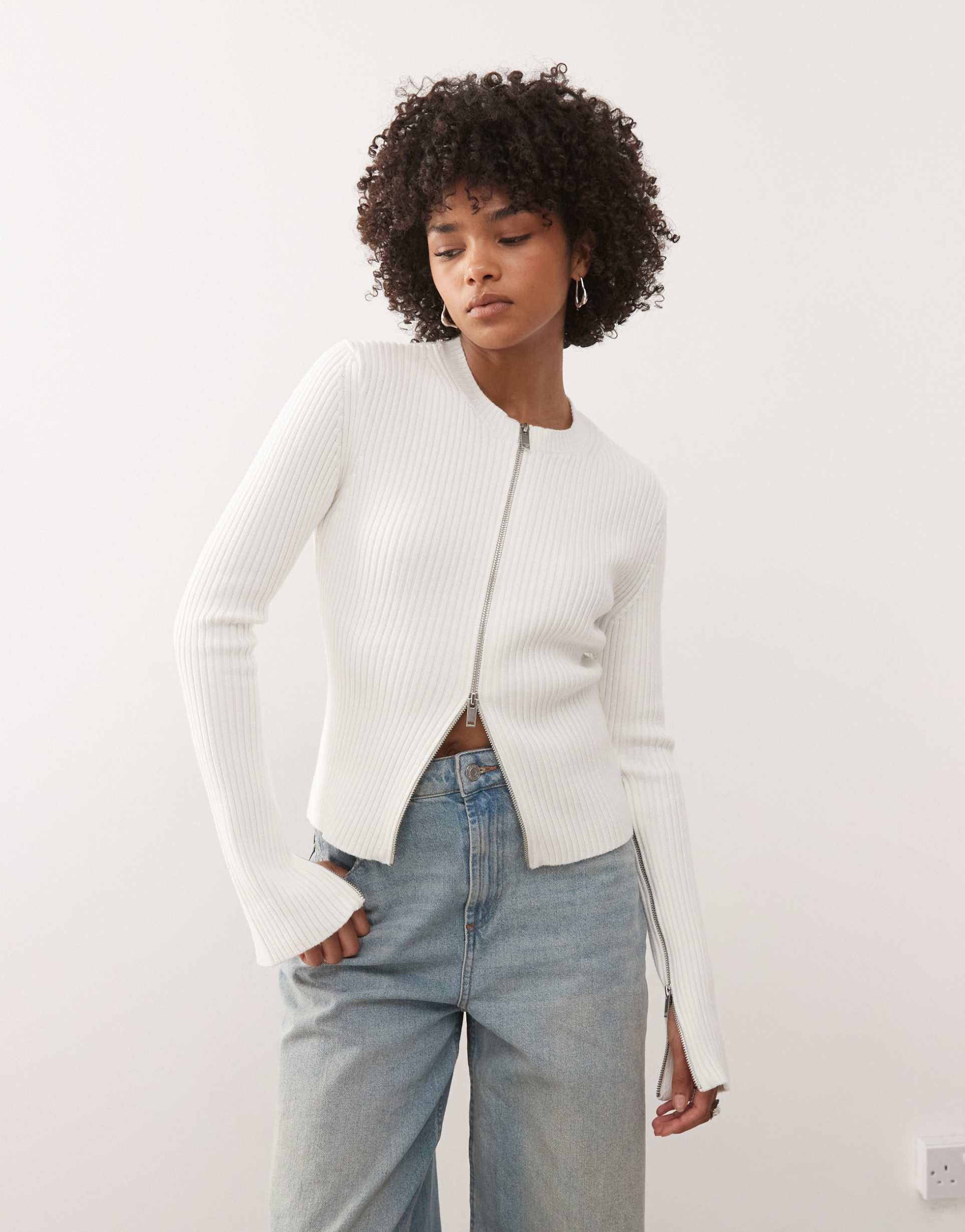weekday fitted zip up cardigan with sleeve zip detailing in off white