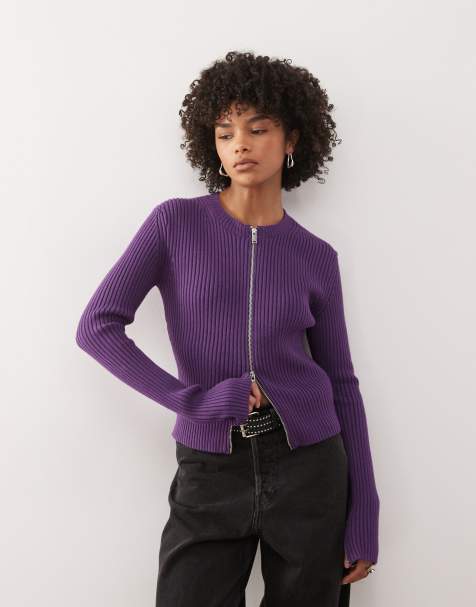 Weekday fitted zip up cardigan with sleeve zip detailing in purple - view 1