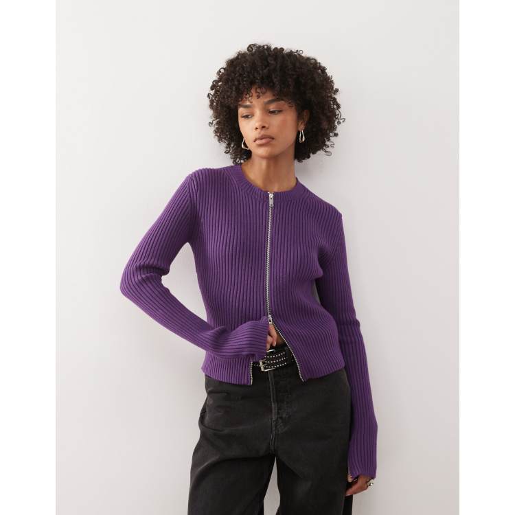Weekday fitted zip up cardigan with sleeve zip detailing in purple