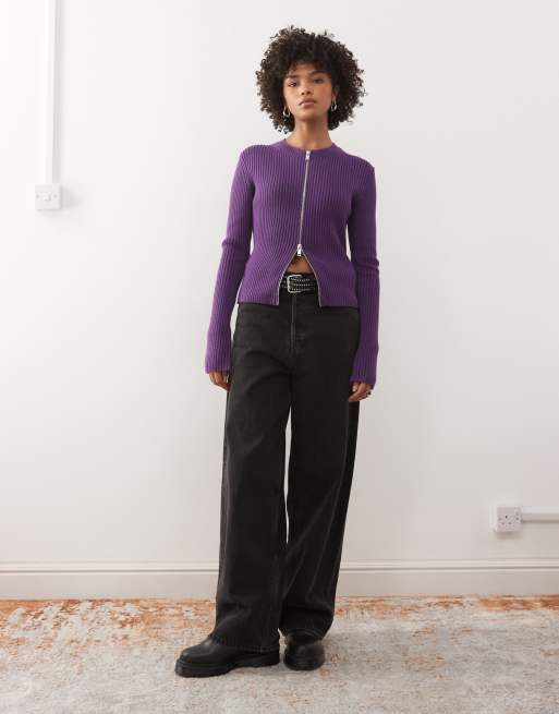 Weekday fitted zip up cardigan with sleeve zip detailing in purple, 2 of 4