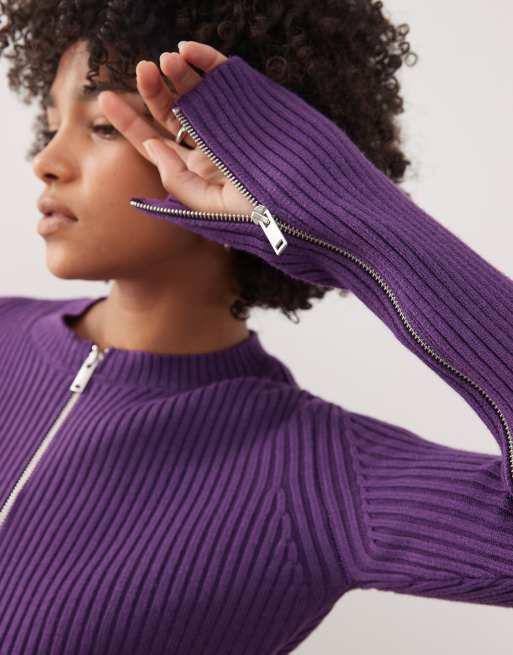 Weekday fitted zip up cardigan with sleeve zip detailing in purple