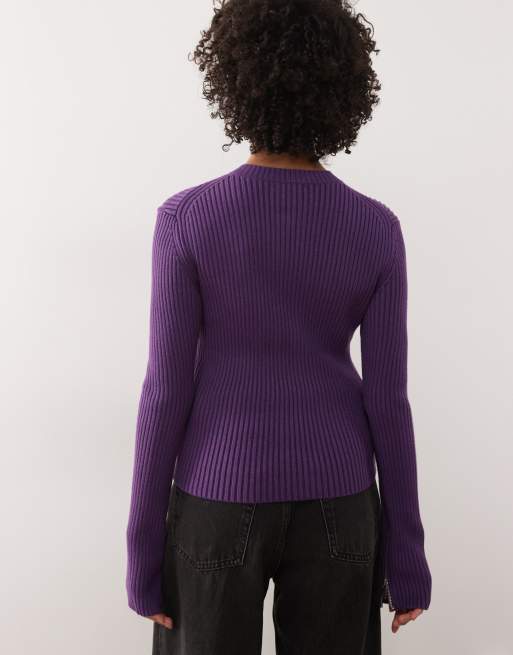 Weekday fitted zip up cardigan with sleeve zip detailing in purple, 4 of 4