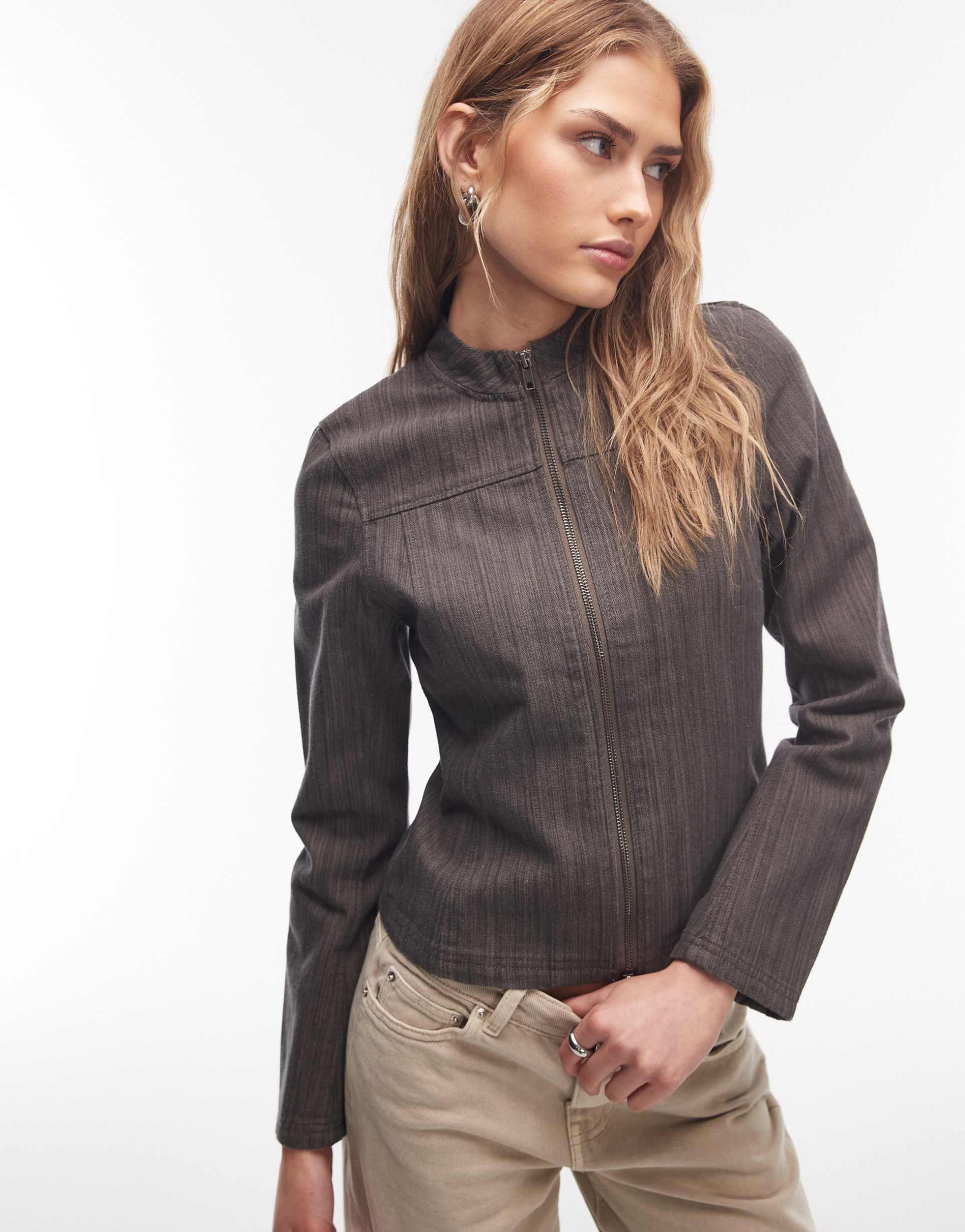 weekday fitted zip up jacket in gray stripes