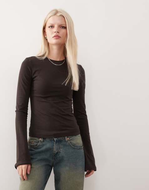 Weekday flare long sleeve top in dark brown - view 1