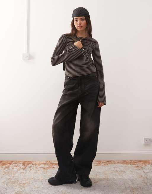 Weekday flare long sleeve top in dark mole & black stripe, 3 of 4