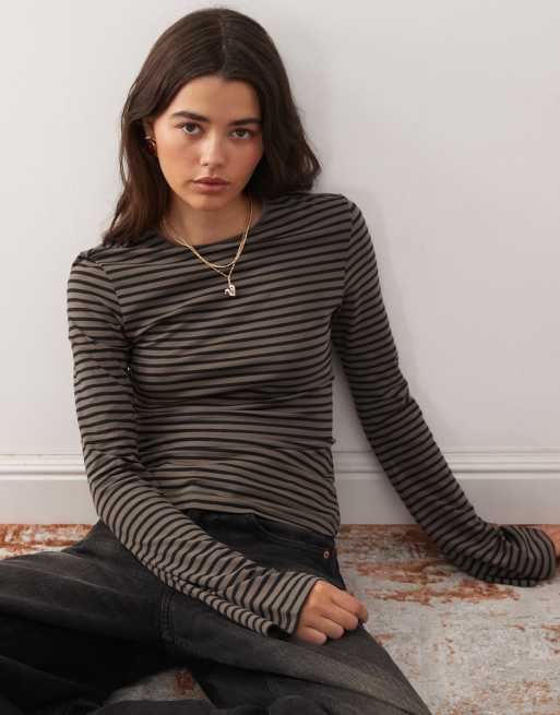 Weekday flare long sleeve top in dark mole & black stripe, 4 of 4