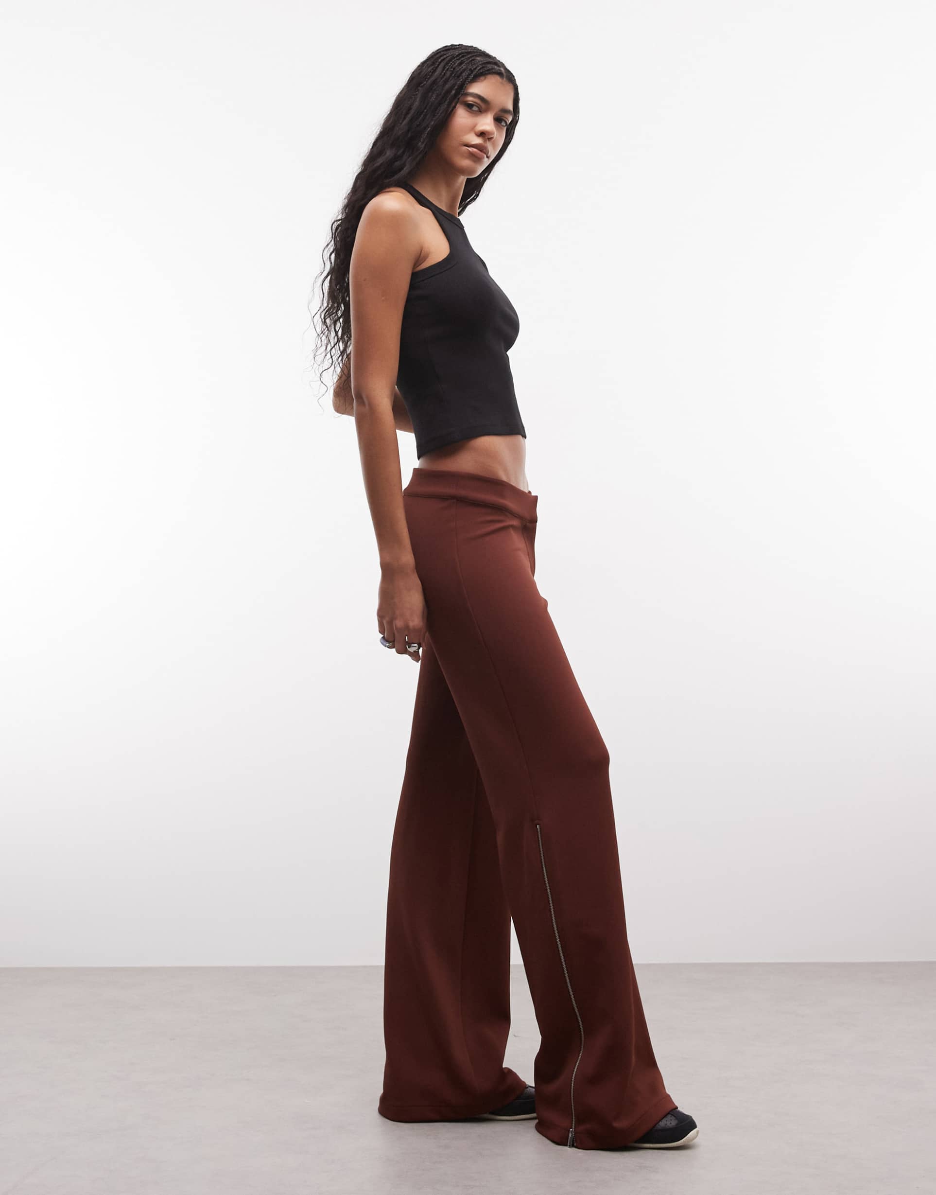 weekday flared pants with side zip detail in rust red