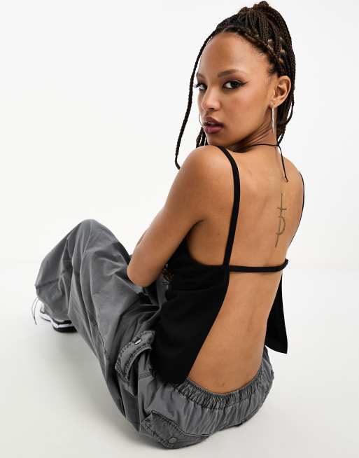 Weekday Fleur high neck cami top with exposed back in black ASOS