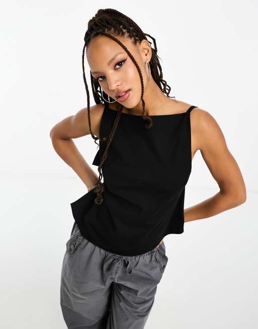 Weekday Fleur high neck cami top with exposed back in black ASOS