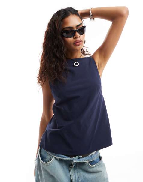 Weekday Fleur high neck cami top with exposed back in navy - view 1