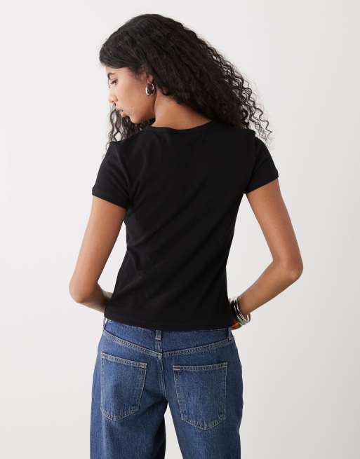 Weekday Fleur v-neck slim t-shirt in black, 3 of 4