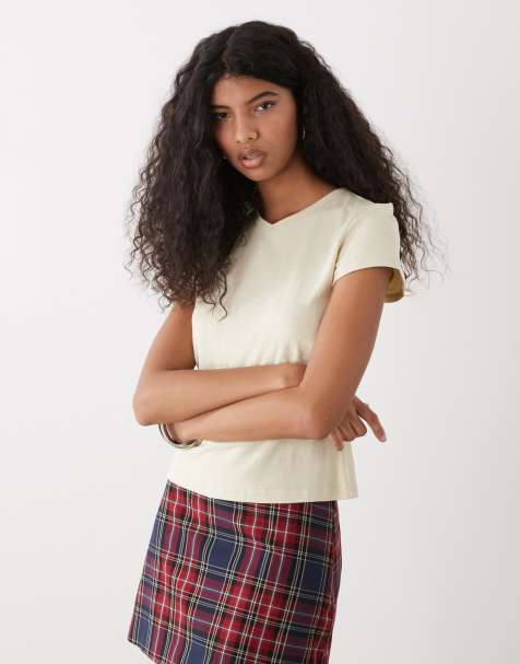 Weekday Fleur v-neck slim t-shirt in butter yellow - view 1