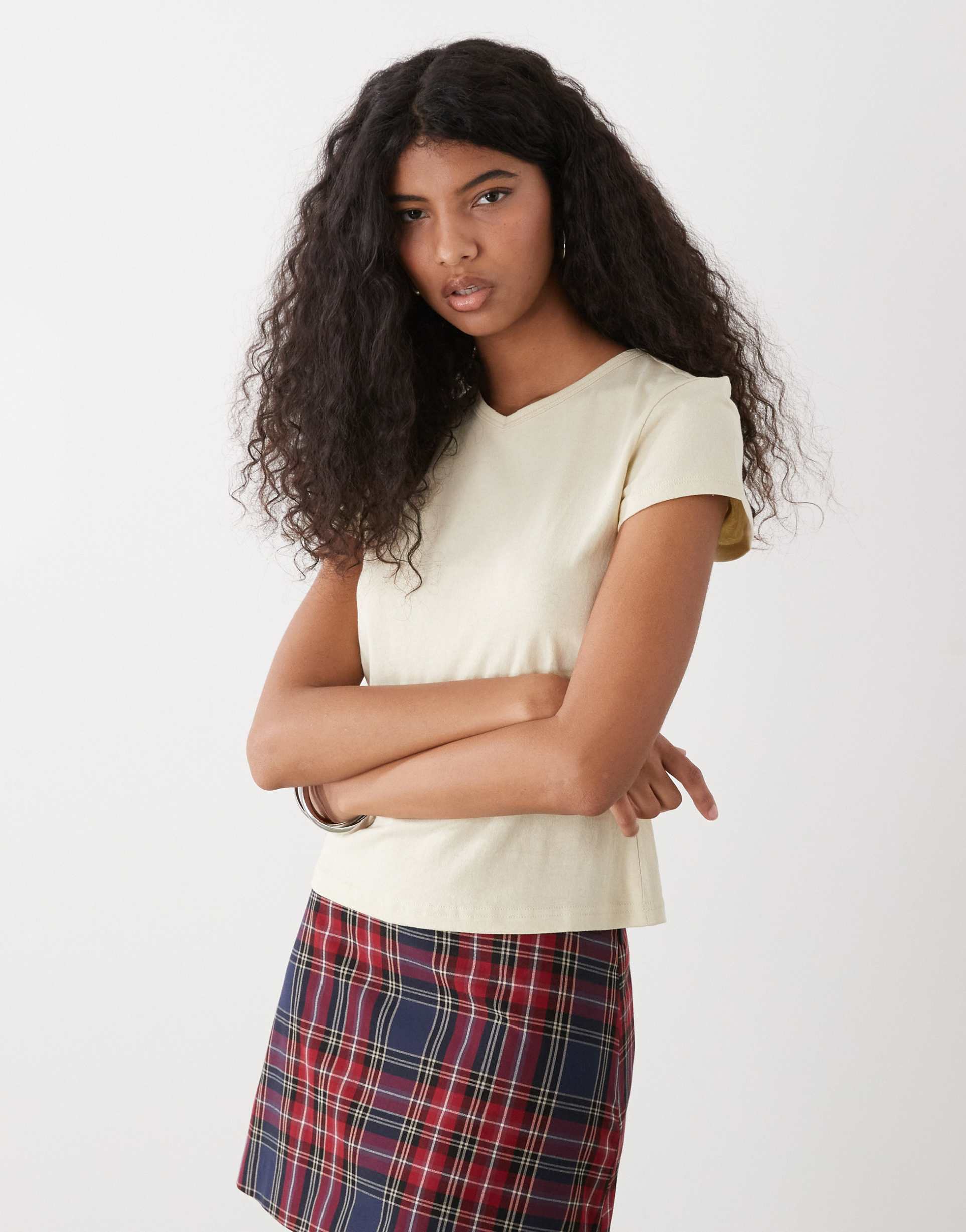 weekday fleur v-neck slim t-shirt in butter yellow