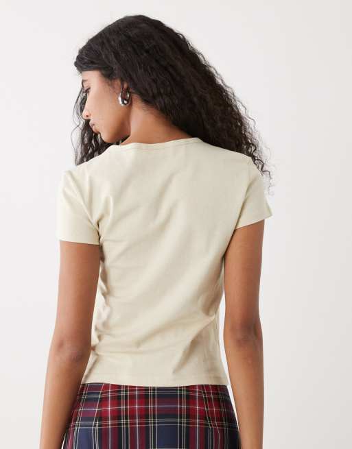 Weekday Fleur v-neck slim t-shirt in butter yellow, 3 of 4