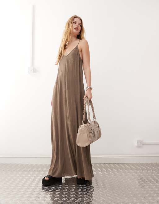 Weekday floaty crepe maxi cami dress in dark mole, 2 of 4