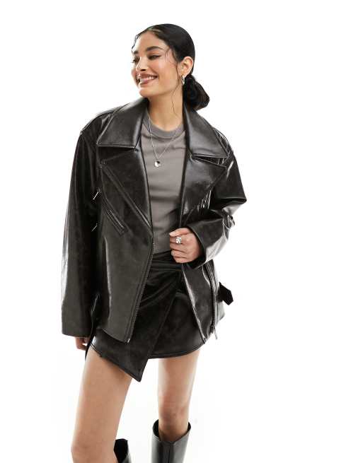 Weekday - Flora - Bikerjack van imitatieleer in donkerbruin, deel van co-ord set