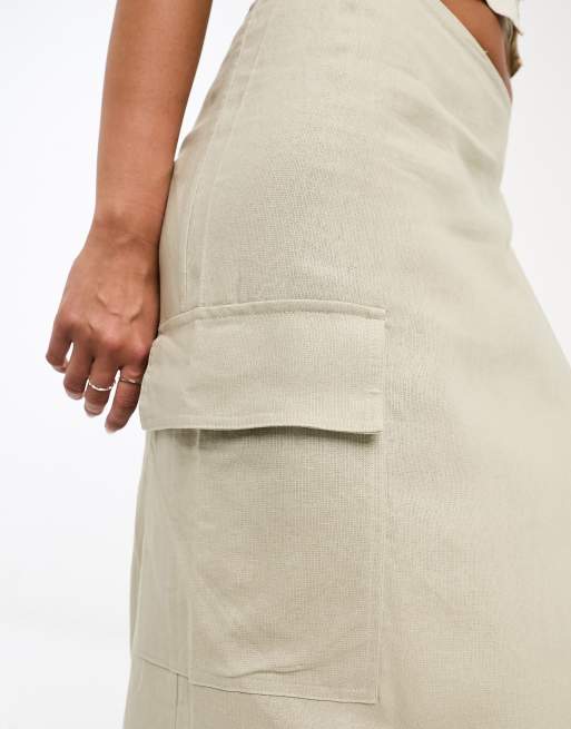Weekday Fold linen blend cargo midi skirt in khaki