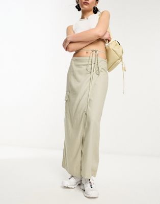 Fold linen blend cargo midi skirt in khaki-Green